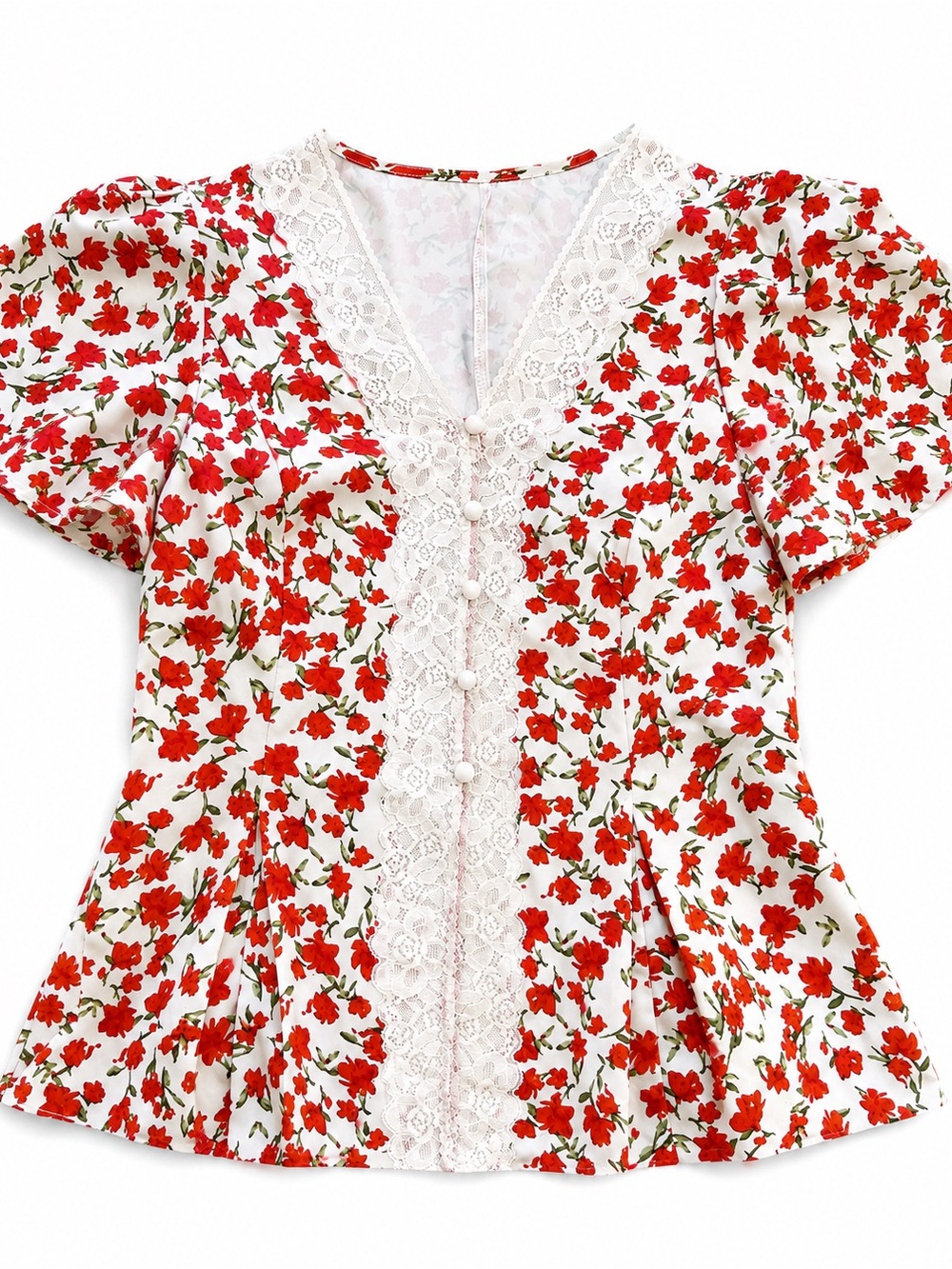 SHEIN Red Floral Lace-Trim V-Neck Blouse